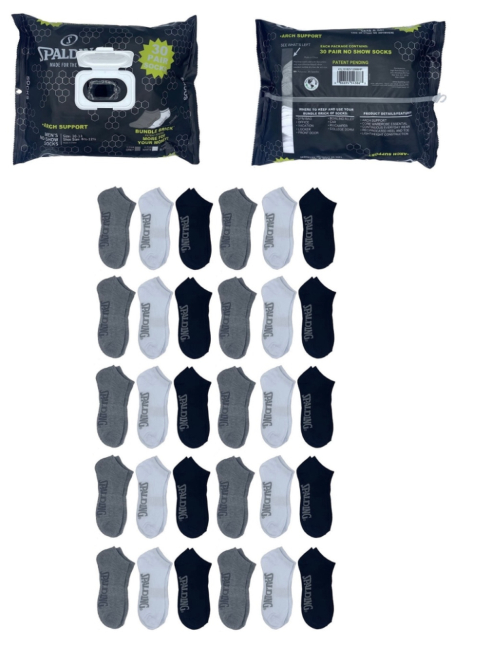 Men's Spalding No Show Socks 30 Pair Set Black White One Size